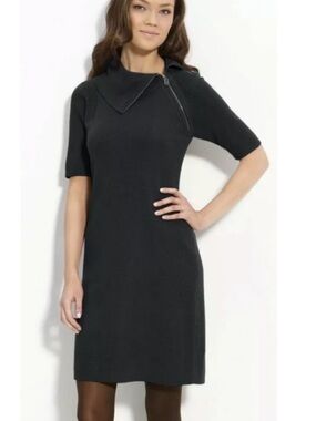 Calvin Klein Black Short-Sleeve Knit Midi Dress with Asymmetric Zip Collar
